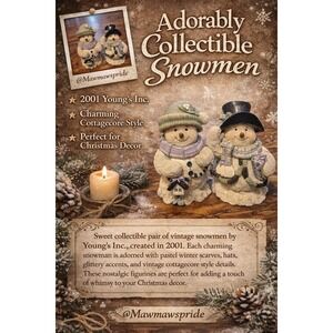 Vintage Style Snowman Figurines Set of 2 Winter Cottage Christmas D2001 Young's